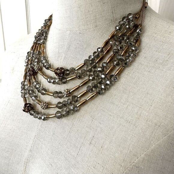 Gold tone and grey multi strand statement necklace - Picture 3 of 9